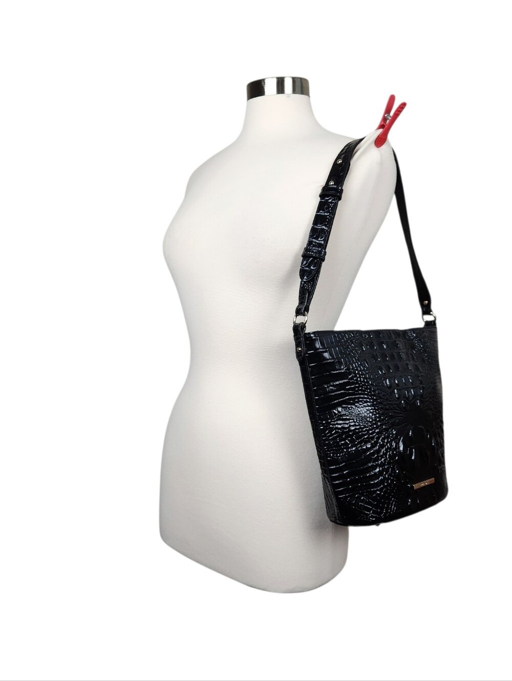 Brahmin Quinn Bucket Bag Croc Embossed Leather Shoulder Bag Black Melbourne Coll